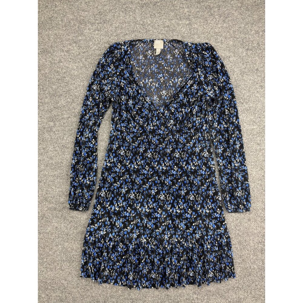 ASOS Dress Womens 4 Black Blue Floral Long‎ Sleeve V Neck Mini Pleated Stretch